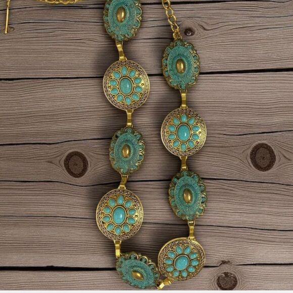 Western Turquoise Gold Patina Floral Concho Belt NWT